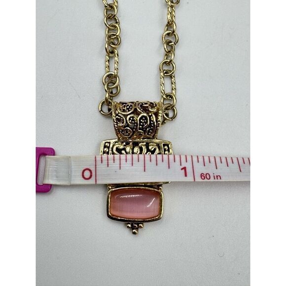 Cookie Lee Gold Tone Pink Cats Eye Floral Pendant Oval Round Link Necklace - Picture 9 of 9